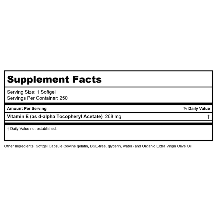Now Foods Vitamin E-400 D-Alpha Tocopheryl 250 Softgels - 0839 - Supplement Facts panel
