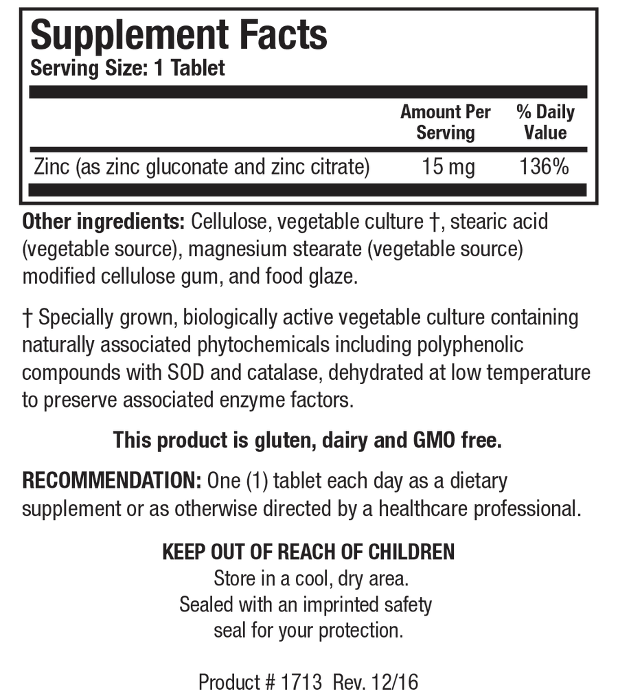 Biotics Research Zn-Zyme Zinc 100 Tablets - Supplement Facts panel
