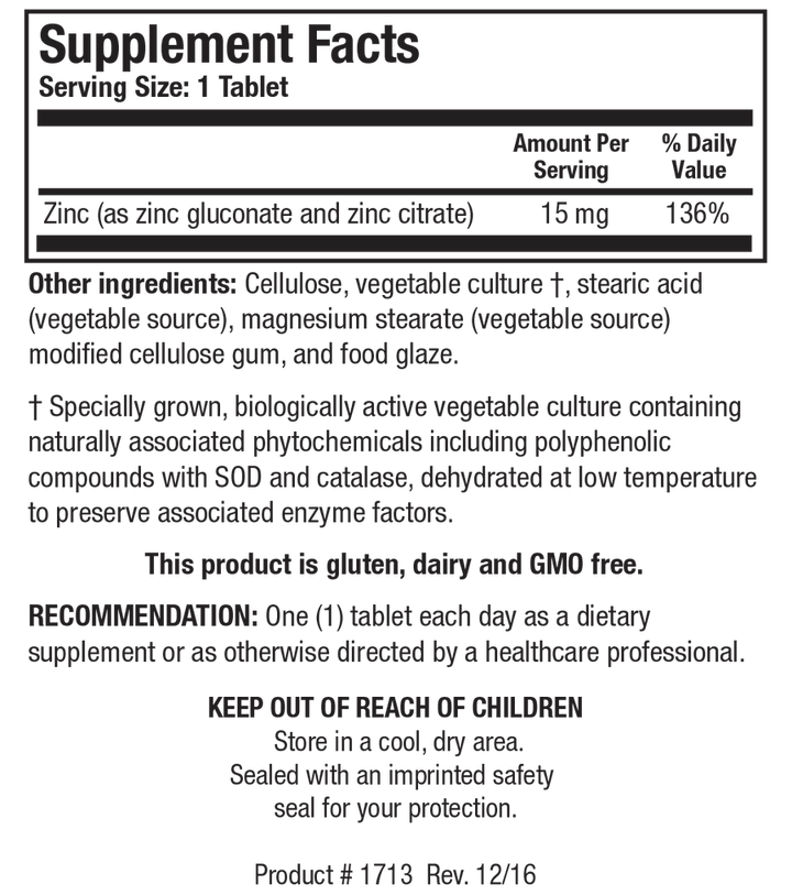 Biotics Research Zn-Zyme Zinc 100 Tablets - Supplement Facts panel