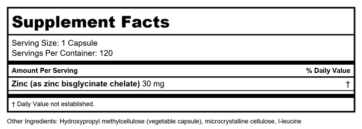 NuMedica Zinc Glycinate 120 Capsules - Supplement Facts panel