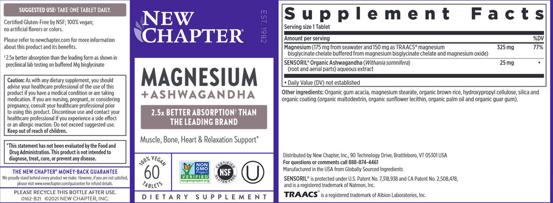 New Chapter Magnesium + Ashwagandha 60 Vcaps - Supplement Facts panel