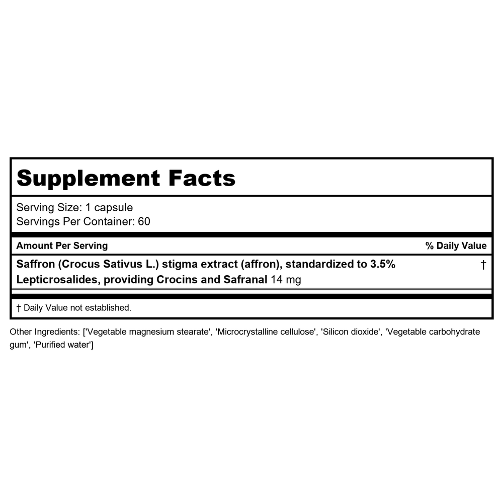 NFH Saffron SAP 60 Capsules - Supplement Facts panel
