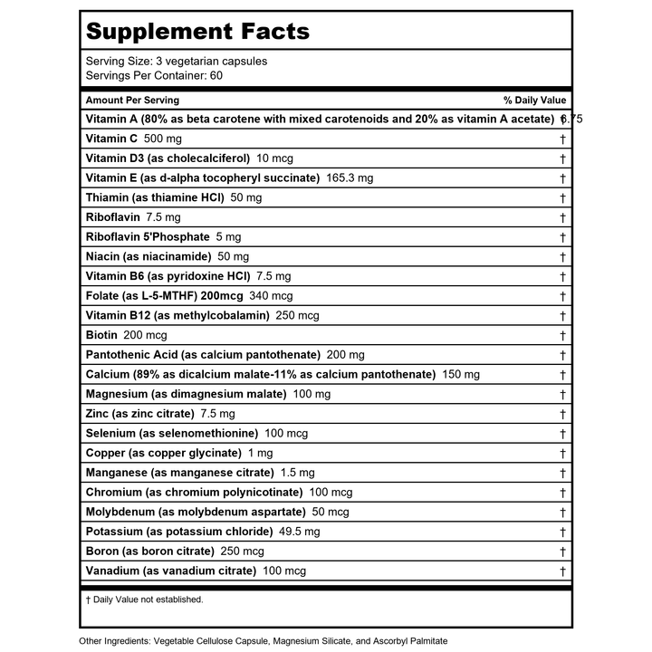 Vital Nutrients Multi-Nutrients No Iron or Iodine 180 Vcaps - Supplement Facts panel