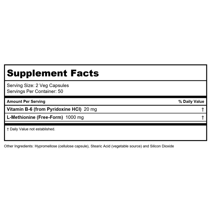 Now Foods L-Methionine 500 mg 100 Capsules - 0117 - Supplement Facts panel