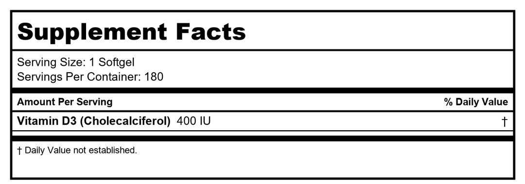Now Foods Vitamin D-3 400 IU 180 Softgels - 0364 - Supplement Facts panel