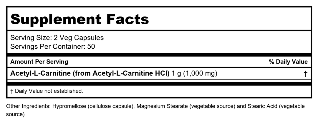 Protocol For Life Balance Acetyl-L-Carnitine 500 Mg 100 Vcaps - P0076 - Supplement Facts panel