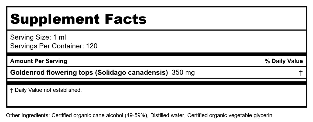 Herb Pharm Goldenrod 1oz - Supplement Facts panel