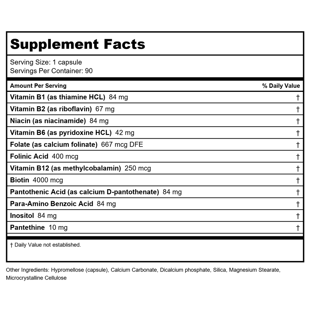 BodyBio Vitamin B+ High Dose 90 Capsules - Supplement Facts panel