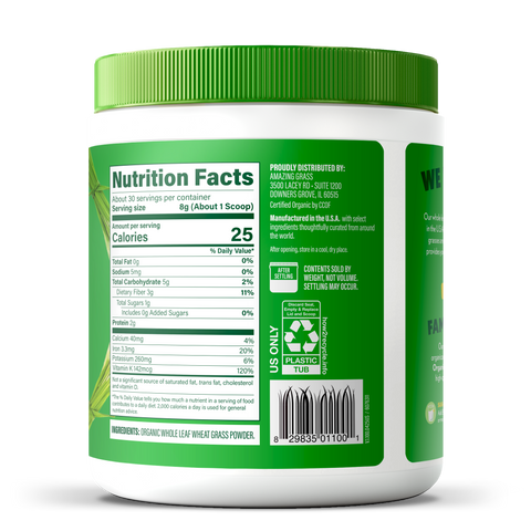 Amazing Grass Organic Wheat Grass Powder 100 Servings 800 grams - Supplement Facts panel