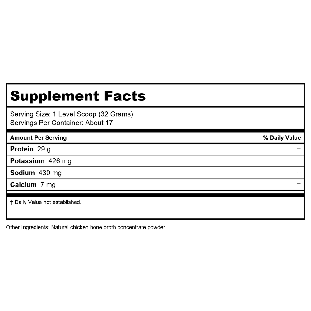 Now Sports Bone Broth Chicken Powder 1.2 Pounds - 1962 - Supplement Facts panel