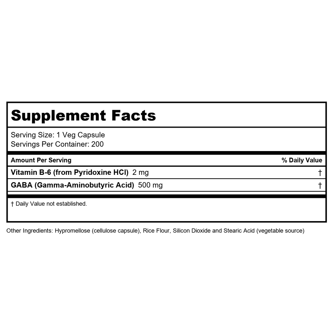 Now Foods GABA 500 mg + B-6 200 Vcaps - 0088 - Supplement Facts panel