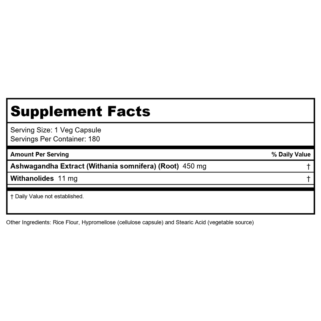 Now Foods Ashwagandha 450 mg 180 Vcaps - 4593 - Supplement Facts panel