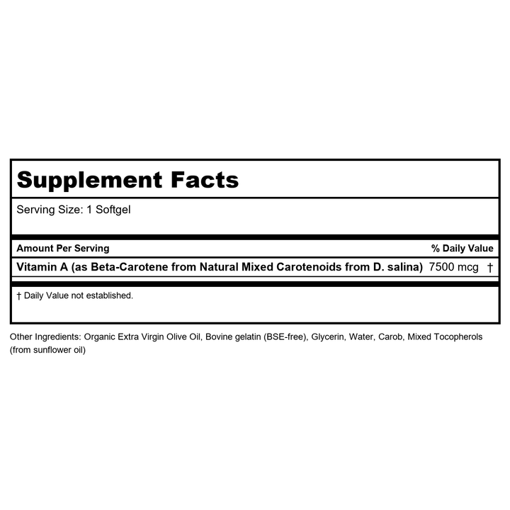 Now Foods Beta Carotene Natural 25,000 IU 90 Softgels - 0320 - Supplement Facts panel