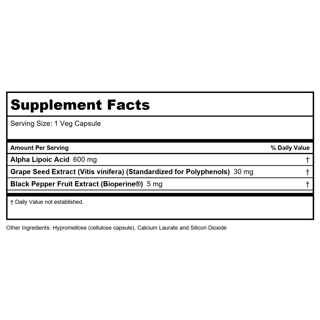 Now Foods Alpha Lipoic Acid, Extra Strength 600 mg 120 Vcaps - 3045 - Supplement Facts panel