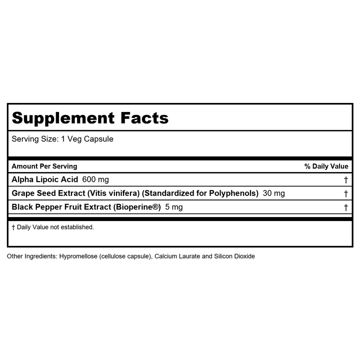 Now Foods Alpha Lipoic Acid, Extra Strength 600 mg 120 Vcaps - 3045 - Supplement Facts panel