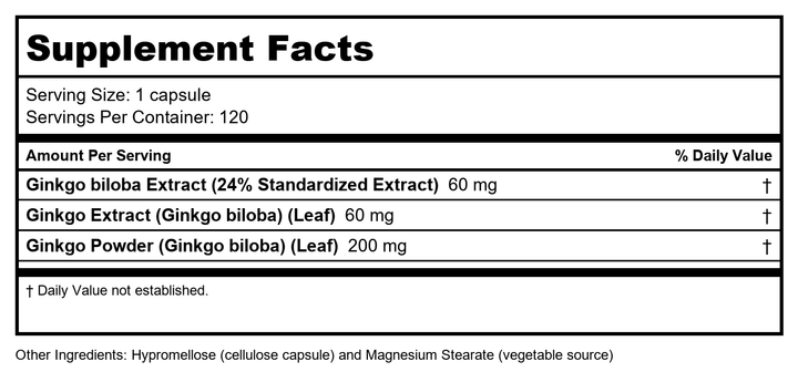 Now Foods Ginkgo Biloba 60 mg 120 Vcaps - 4687 - Supplement Facts panel