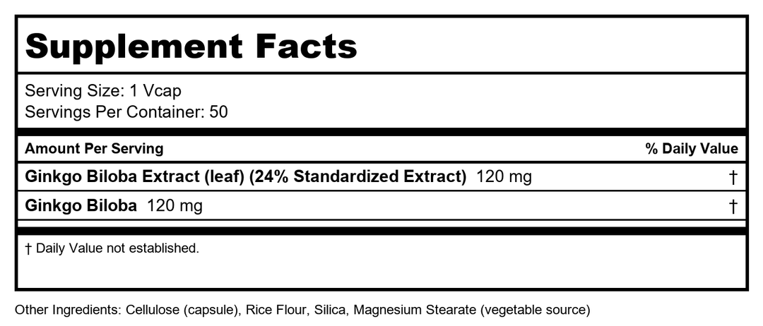 Now Foods Ginkgo Biloba Double Strength 120 mg 50 Vcaps - 4682 - Supplement Facts panel