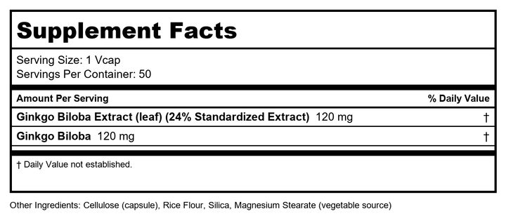 Now Foods Ginkgo Biloba Double Strength 120 mg 50 Vcaps - 4682 - Supplement Facts panel