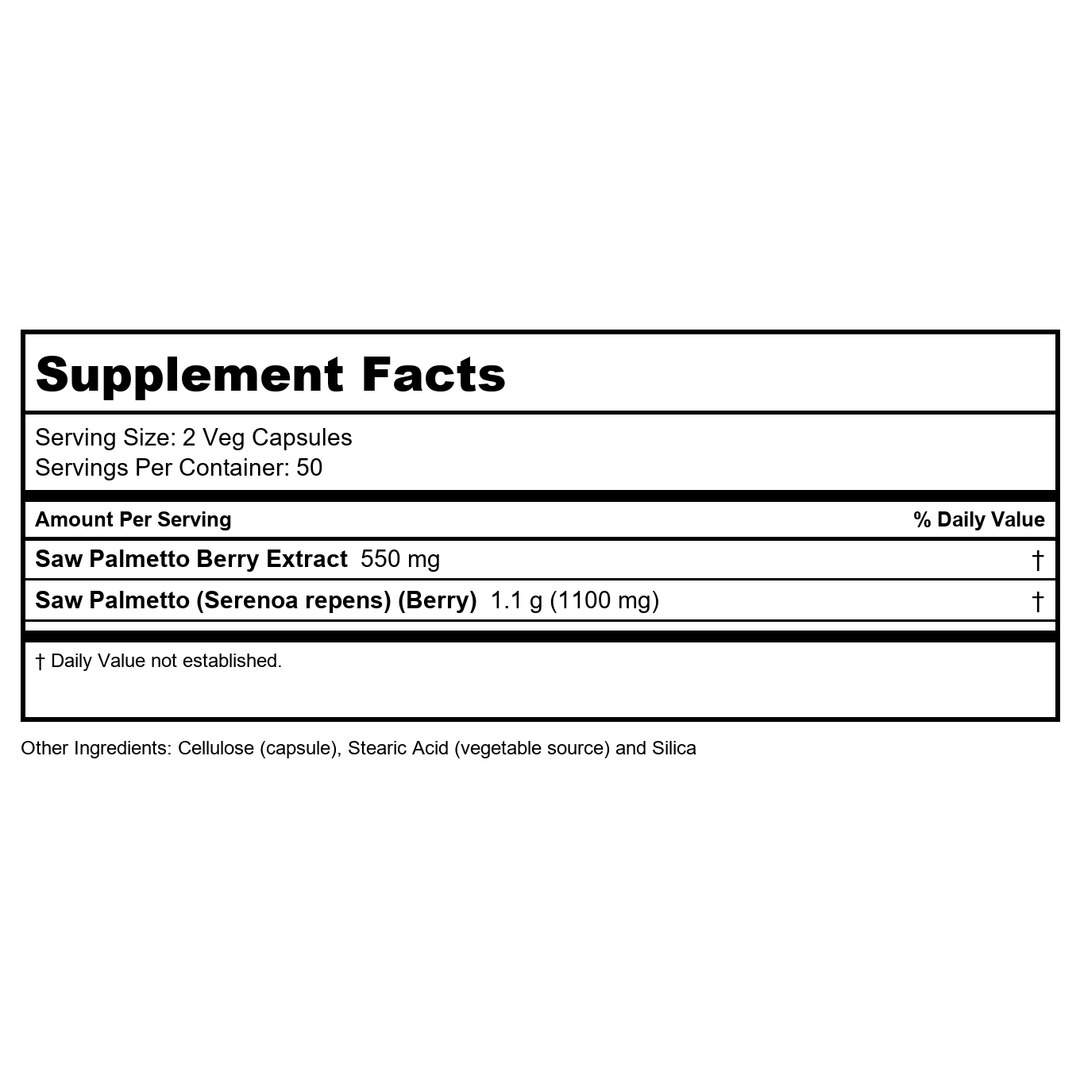 Now Foods Saw Palmetto Berries 550 mg 100 Vcaps - 4747 - Supplement Facts panel
