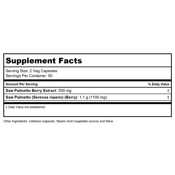 Now Foods Saw Palmetto Berries 550 mg 100 Vcaps - 4747 - Supplement Facts panel
