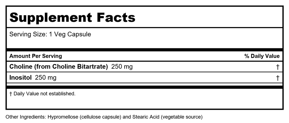 Now Foods Choline & Inositol 500 mg 100 Vcaps - 0470 - Supplement Facts panel