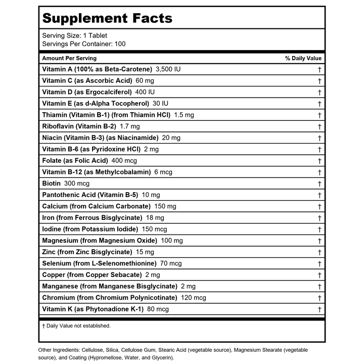 Now Foods Daily Vits 100 Tablets - 3770 - Supplement Facts panel