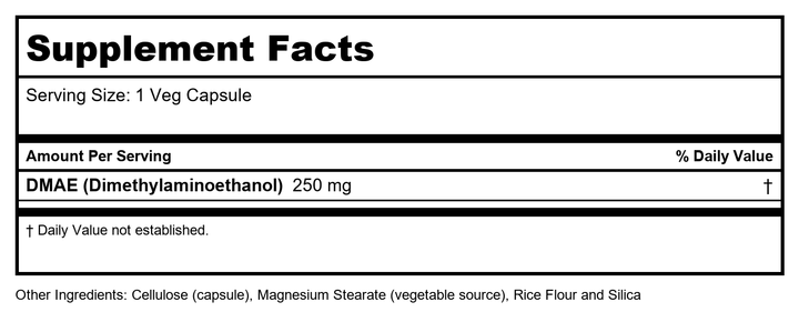 Now Foods DMAE 250 mg 100 Vcaps - 3090 - Supplement Facts panel