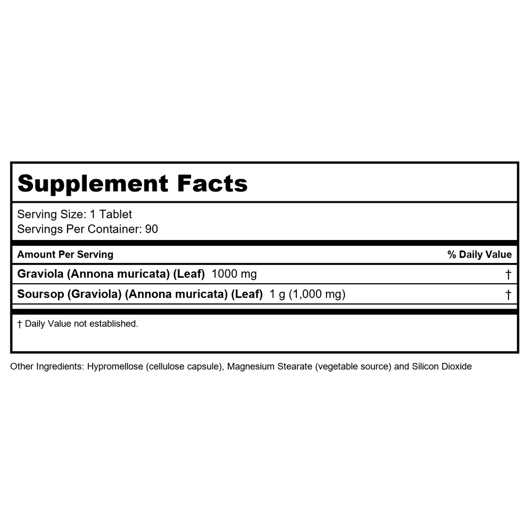 Now Foods Graviola 1000 mg Double Strength 90 Tablets - Supplement Facts panel
