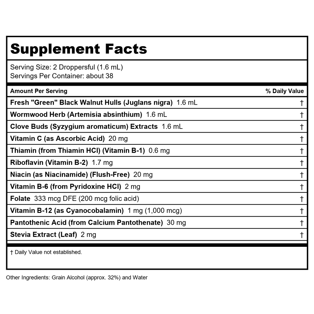 Now Foods Green Black Walnut Wormwood Complex Liquid 2oz - 4982 - Supplement Facts panel