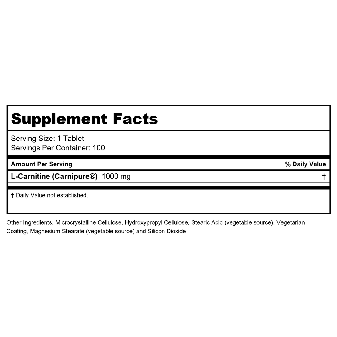 Now Foods L-Carnitine 1000 mg 100 Tablets - 0068 - Supplement Facts panel