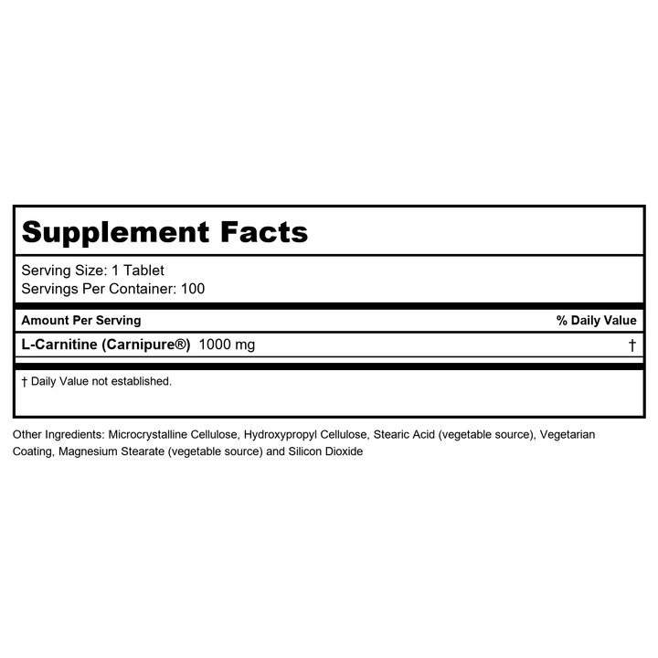 Now Foods L-Carnitine 1000 mg 100 Tablets - 0068 - Supplement Facts panel