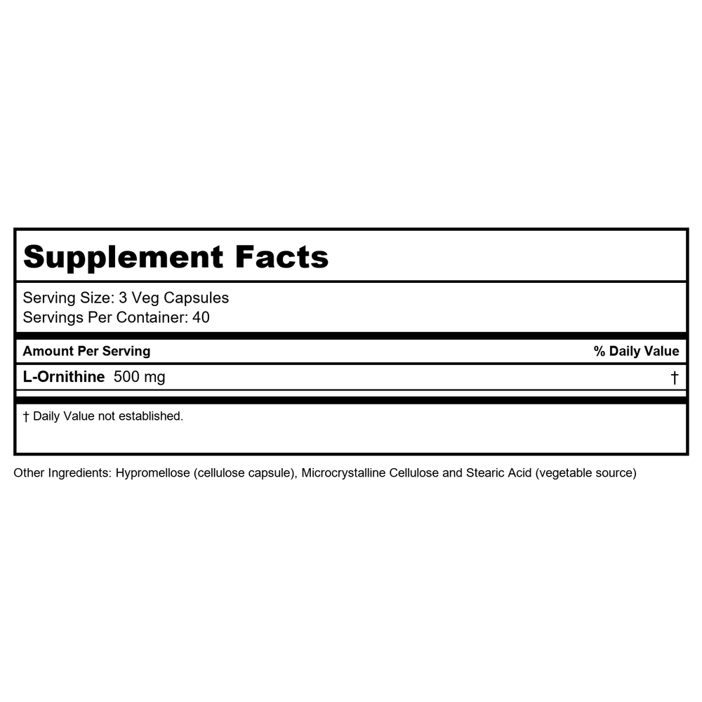 Now Foods L-Ornithine 500 mg 120 Vcaps - 0122 - Supplement Facts panel