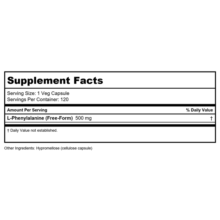 Now Foods L-Phenylalanine 500 mg 120 Vcaps - 0132 - Supplement Facts panel