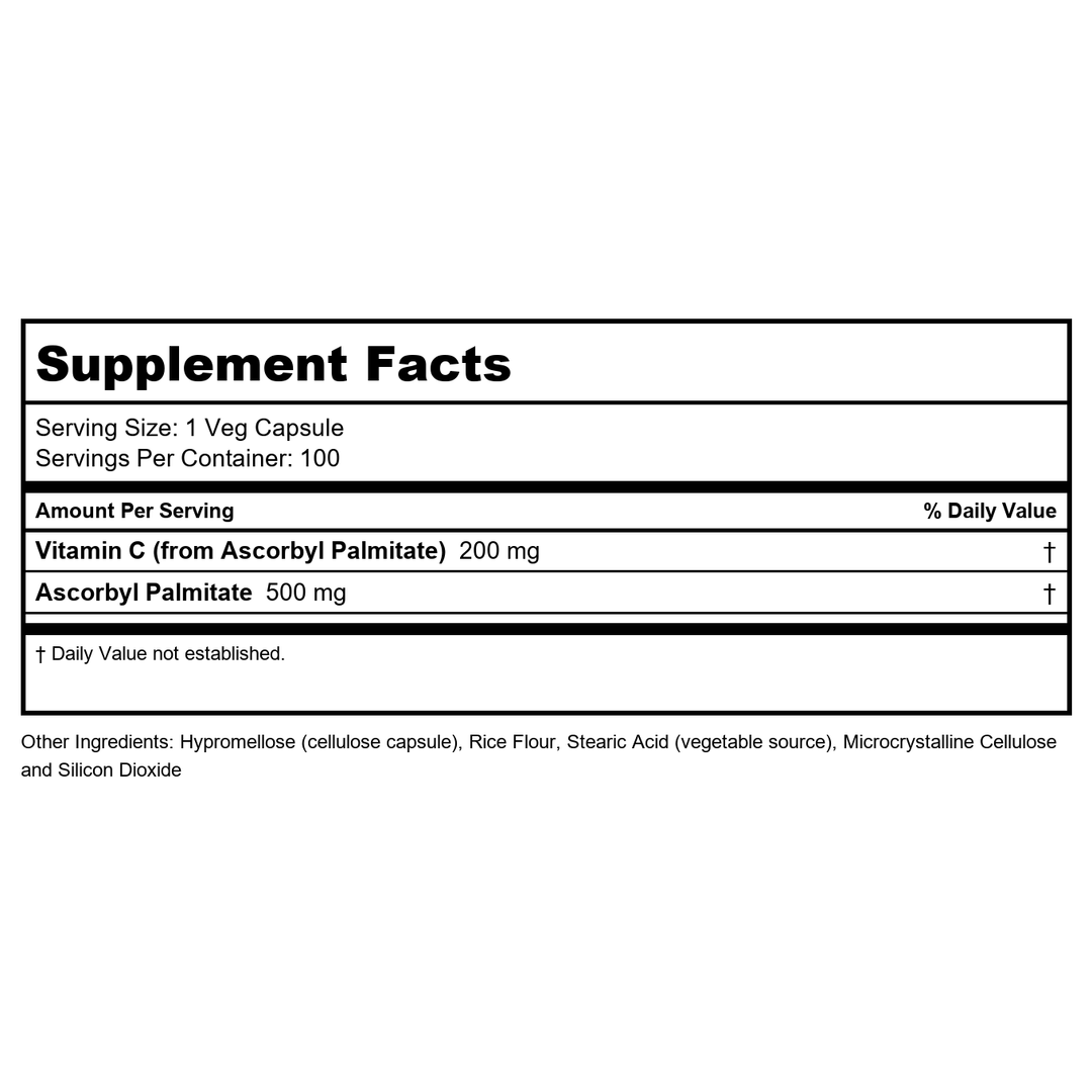 Now Foods Ascorbyl Palmitate 500 mg 100 Vcaps - 0608 - Supplement Facts panel