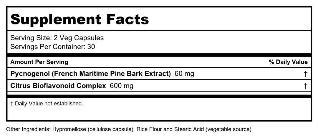 Now Foods Pycnogenol 30mg 60 Vcaps - 3264 - Supplement Facts panel