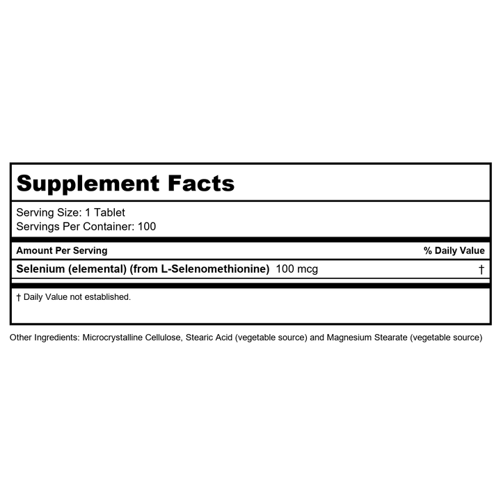 Now Foods Selenium 100 mcg 100 Tablets - 1480 - Supplement Facts panel