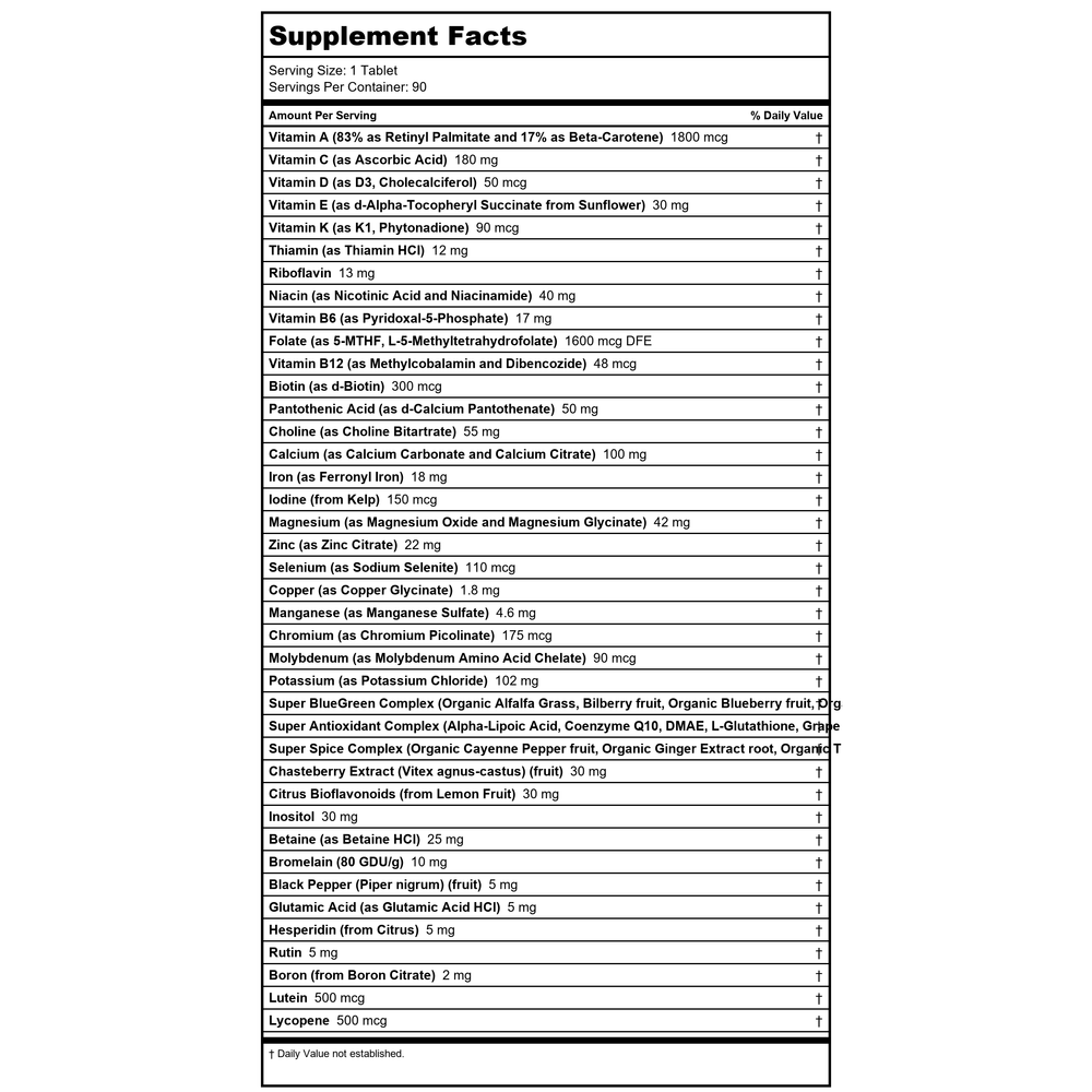 Now Foods Super Nutrtiion SimplyOne Women 90 Tablets - SU213 - Supplement Facts panel
