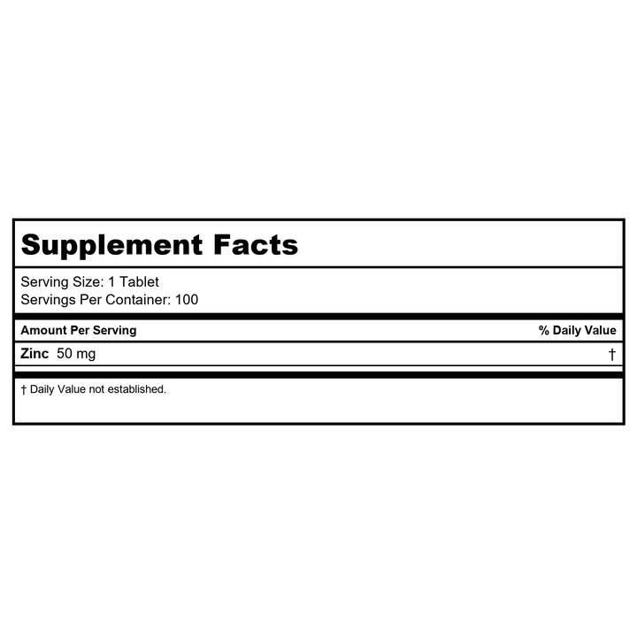 Now Foods Zinc 50mg 100 Tablets - 1520 - 2 Pack - Supplement Facts panel