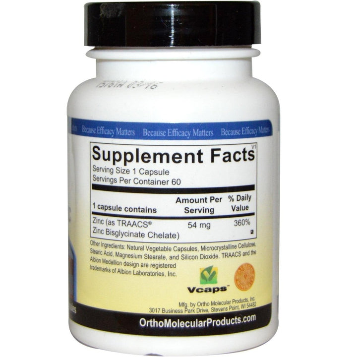 Ortho Molecular Reacted Zinc 60 Capsules - Supplement Facts panel
