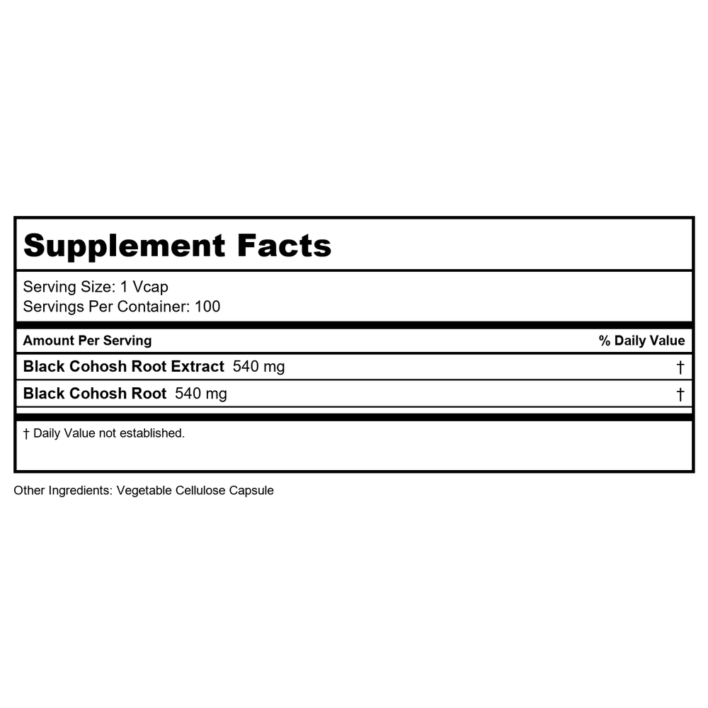 Solaray Black Cohosh 540mg 100 Vcaps - 2 Pack - Supplement Facts panel