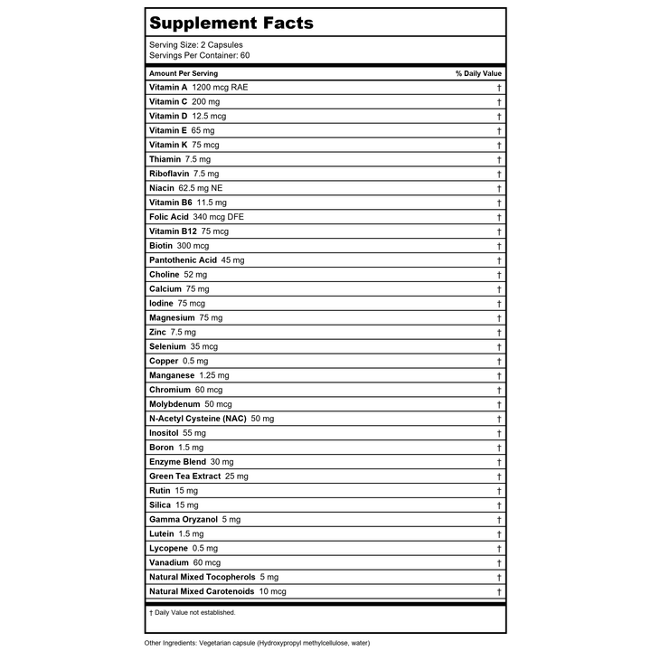 Klaire Labs Core Multi 120 Capsules - Supplement Facts panel