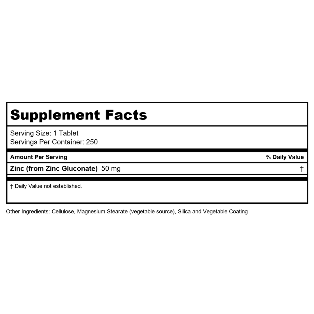 Now Foods Zinc 50mg 250 Tablets - 1522 - 4 Pack - Supplement Facts panel