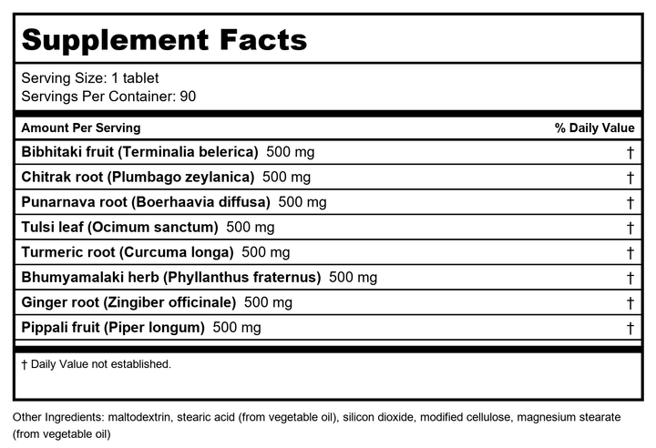 Banyan Botanicals Healthy Kapha 90 Tablets - Supplement Facts panel