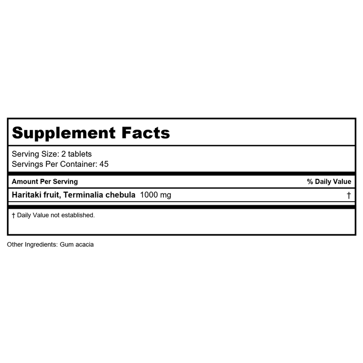Banyan Botanicals Haritaki 1000 mg 90 Tablets - Supplement Facts panel