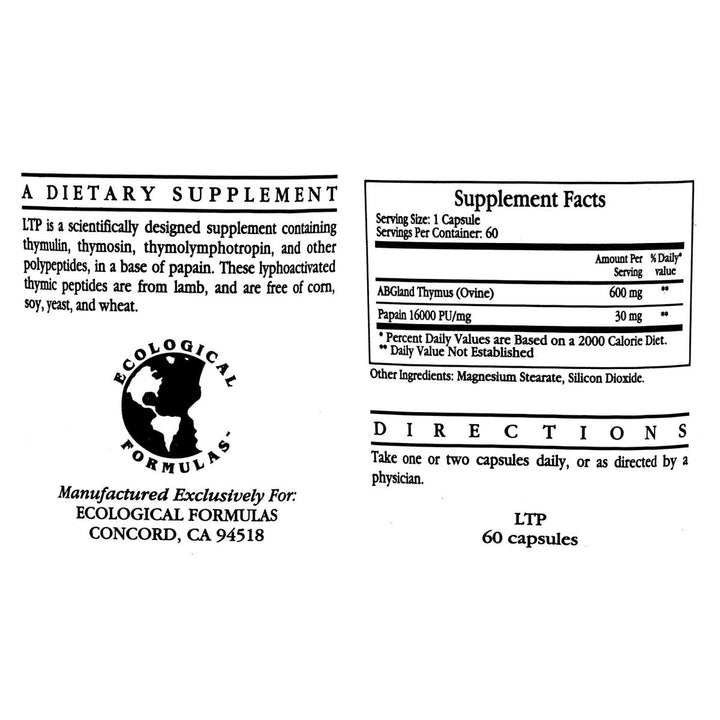 Ecological Formulas LTP 600 mg 60 Capsules - Supplement Facts panel