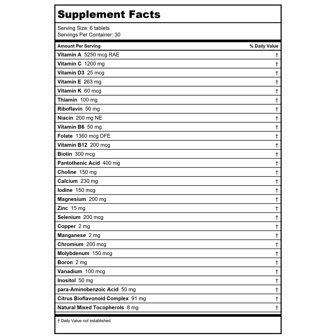 Klaire Labs MultiThera 1 Iron Free 180 Tablets - Supplement Facts panel