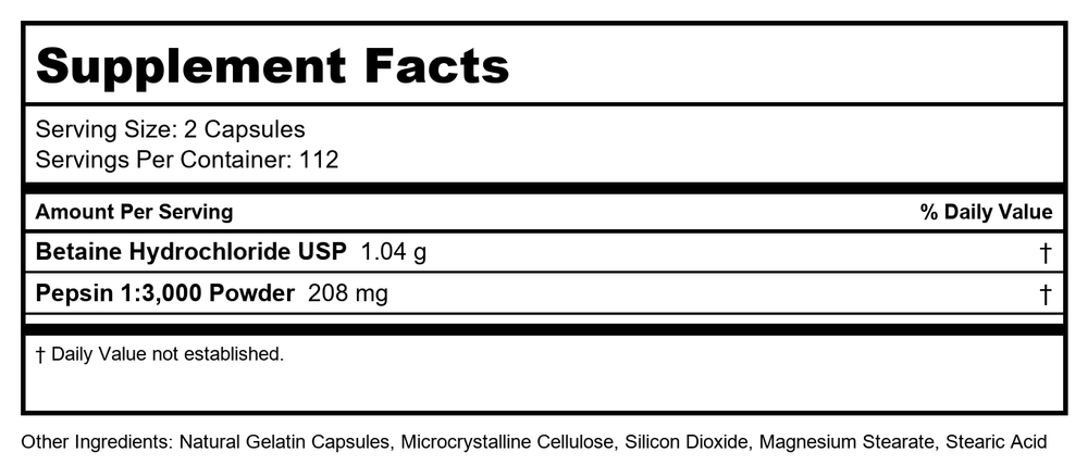 Ortho Molecular Betaine and Pepsin Capsules 225 Capsules - Supplement Facts panel