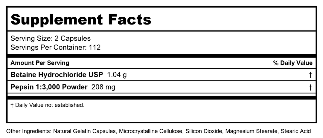 Ortho Molecular Betaine and Pepsin Capsules 225 Capsules - Supplement Facts panel