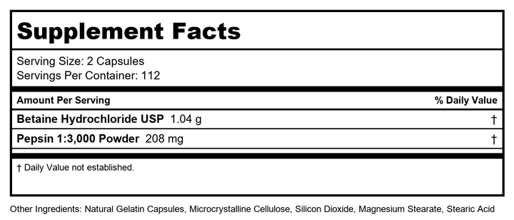 Ortho Molecular Betaine and Pepsin Capsules 225 Capsules - Supplement Facts panel