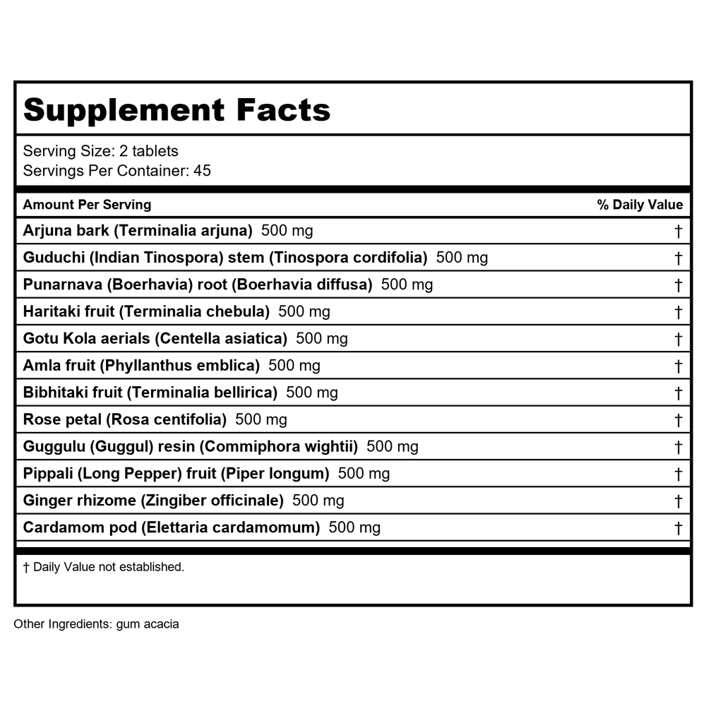 Banyan Botanicals Heart Formula 90 Tablets - Supplement Facts panel
